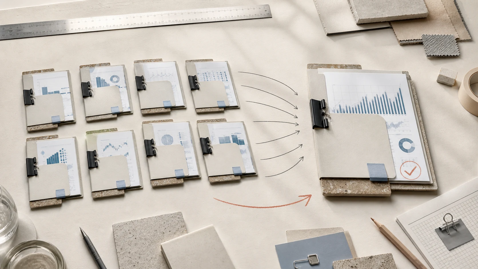 Eight evidence folders converging into one verified result on a warm studio table