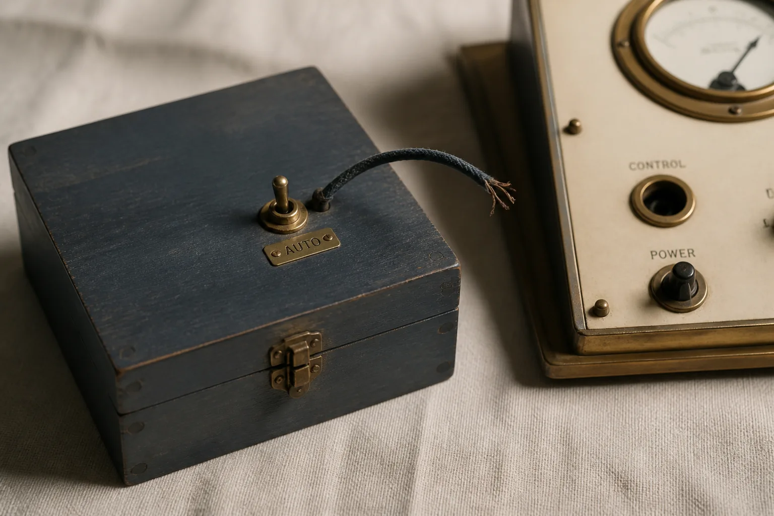 A brass AUTO toggle on a closed slate-blue project box is switched on, but its cloth-covered wire is cut short of a cream control panel