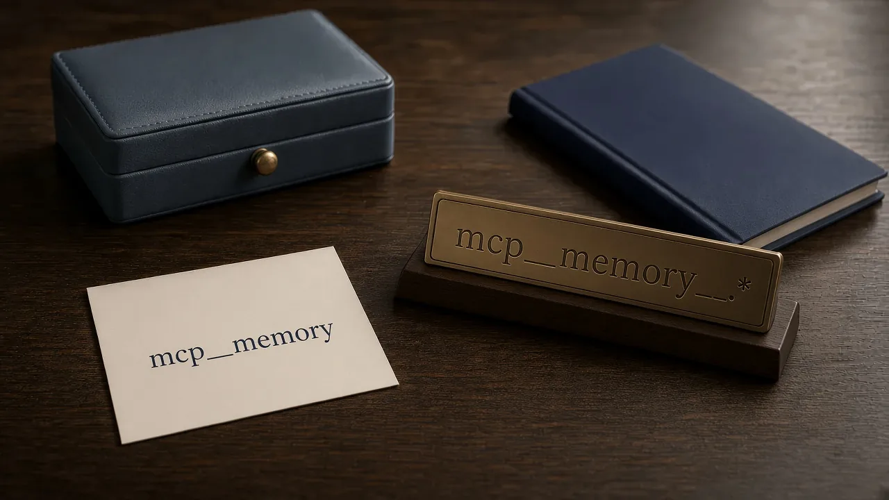 A cream card printed with mcp__memory lies on a dark wooden desk beside a brass nameplate engraved mcp__memory__.*, with a closed slate-blue box and a navy notebook behind