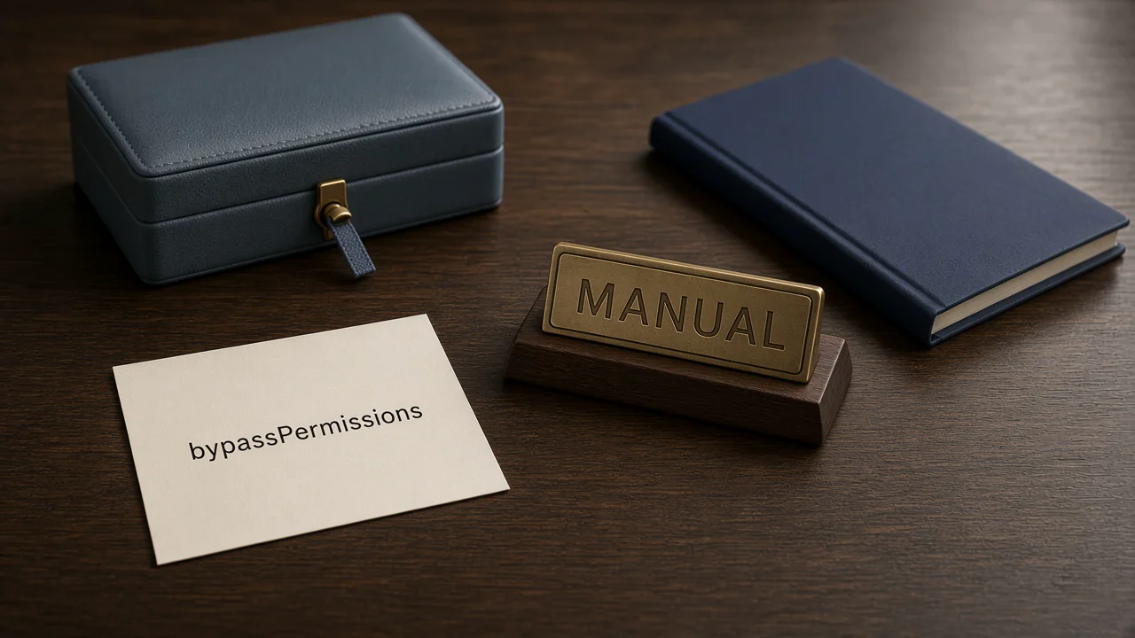 A cream card printed with bypassPermissions lies on a dark wooden desk beside a brass nameplate engraved MANUAL, with a closed slate-blue box and a navy notebook behind