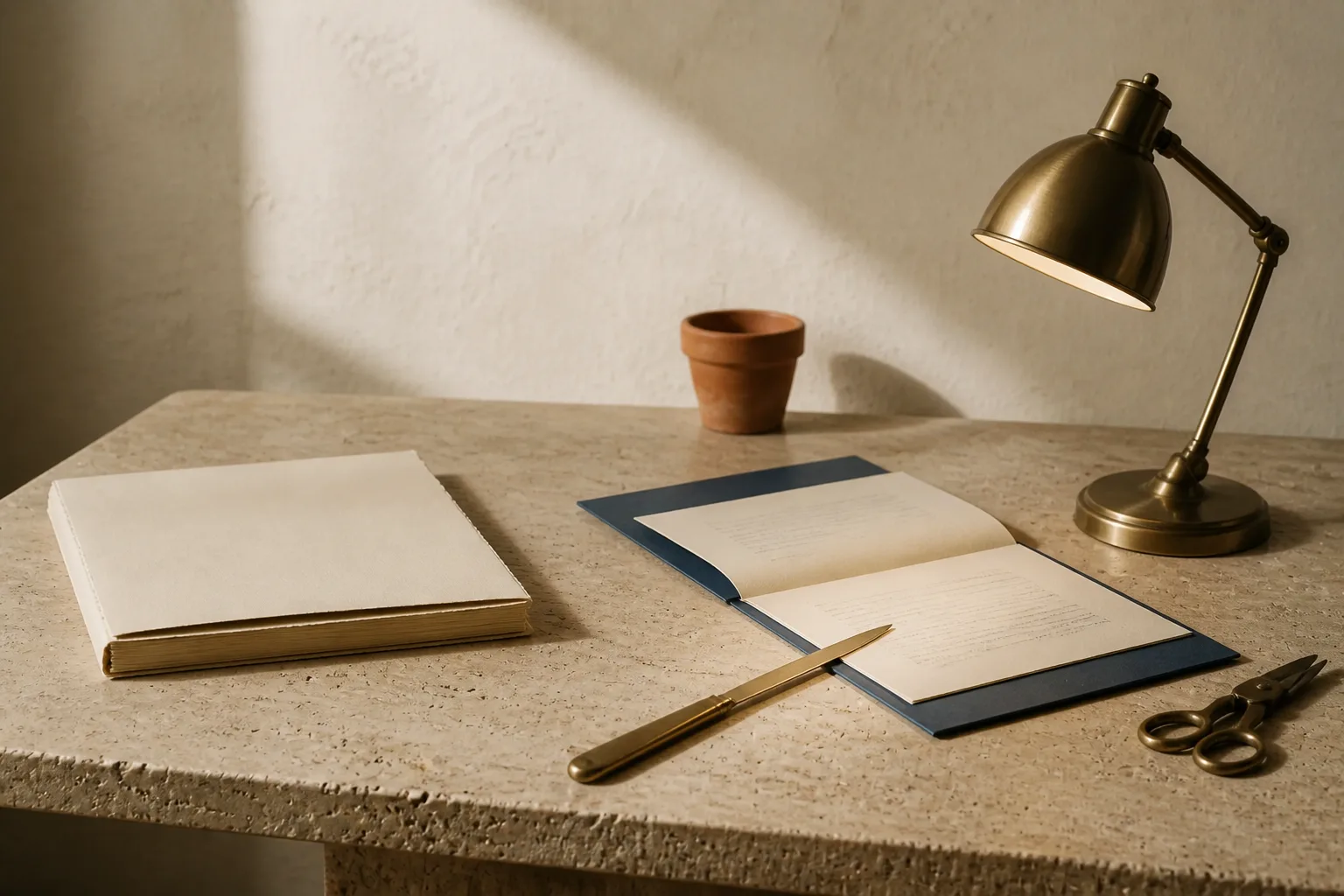 A closed cream dossier sits unread in shadow while a brass desk lamp lights a slim open slate-blue folder