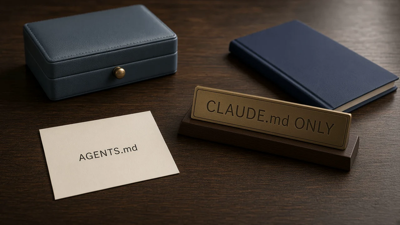 A cream card printed with AGENTS.md lies on a dark wooden desk beside a brass nameplate engraved CLAUDE.md ONLY, with a closed slate-blue box and a navy notebook behind
