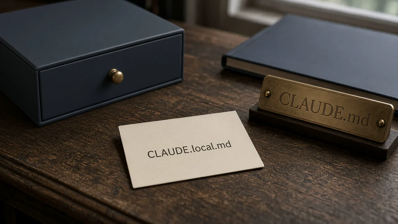 A cream card printed with CLAUDE.local.md lies on a dark wooden desk beside a brass nameplate engraved CLAUDE.md, with a closed slate-blue drawer behind