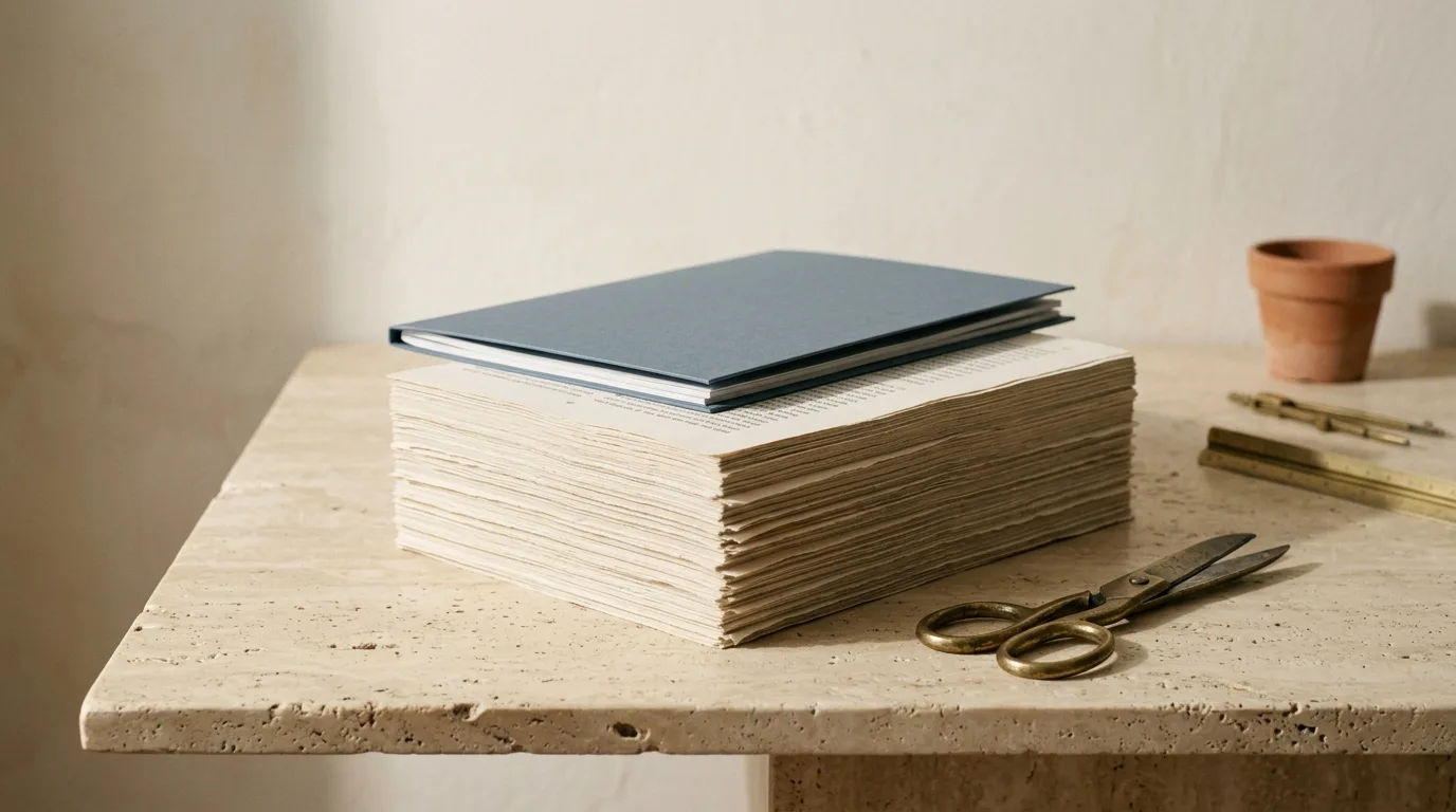 A very thick stack of printed pages with a slim slate-blue folder resting on top and brass shears alongside