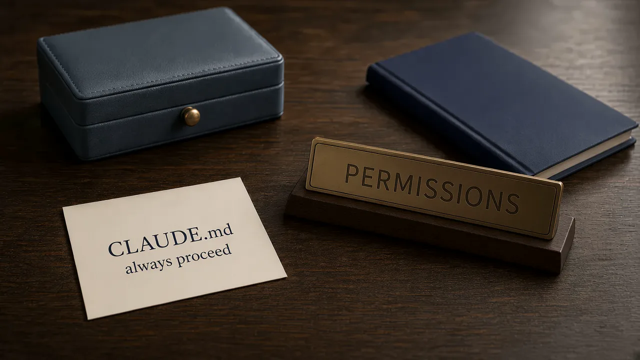 A cream card printed with CLAUDE.md and always proceed lies on a dark wooden desk beside a brass nameplate engraved PERMISSIONS, with a closed slate-blue box and a navy notebook behind