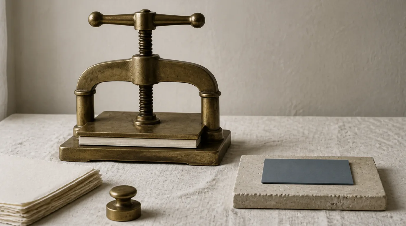 A brass nipping press has compacted a stack of papers to a thin strip; one slate-blue card sits untouched on a stone plinth