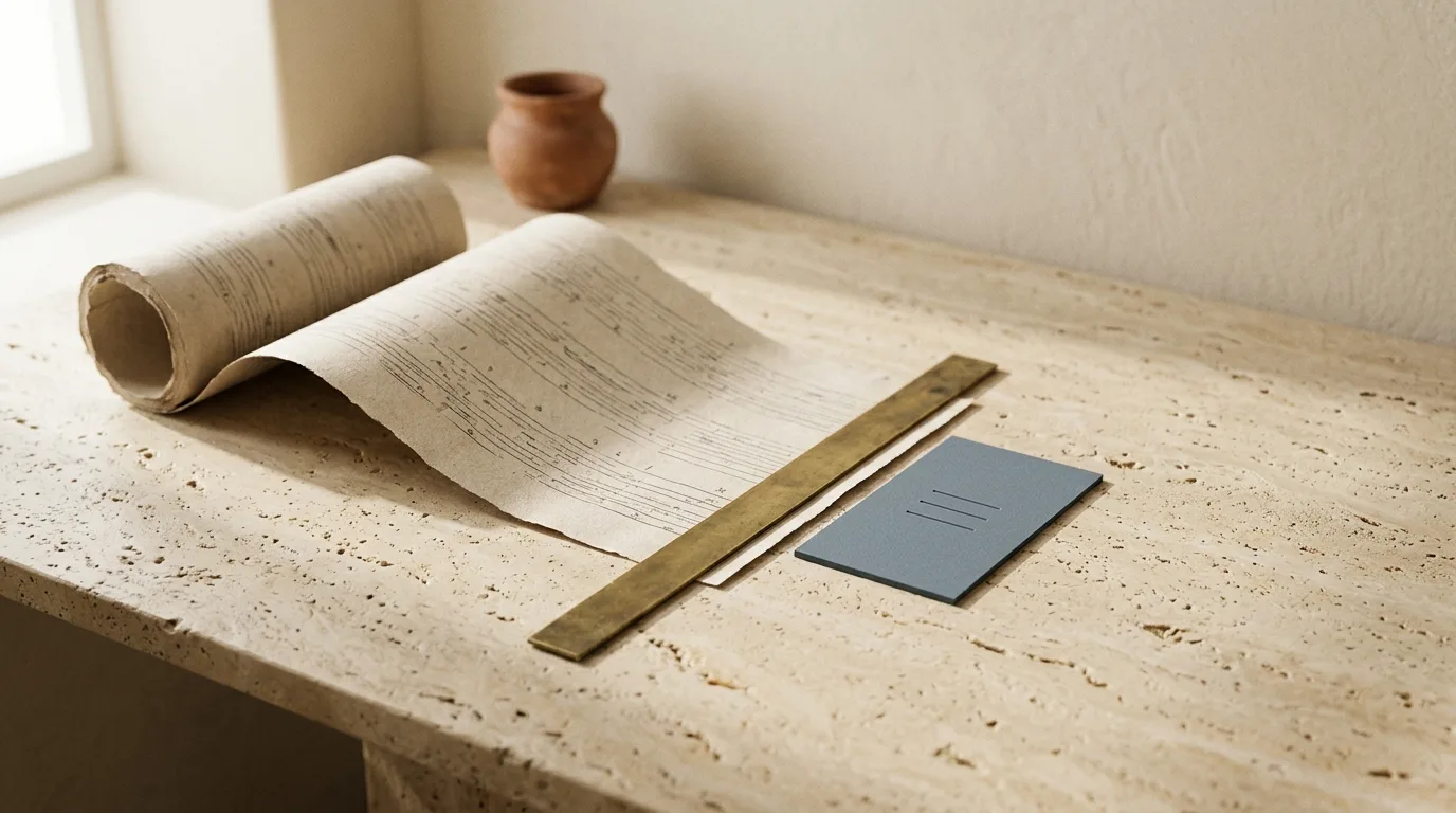 A long roll of printed paper cut clean by a brass straightedge, leaving one small slate-blue card