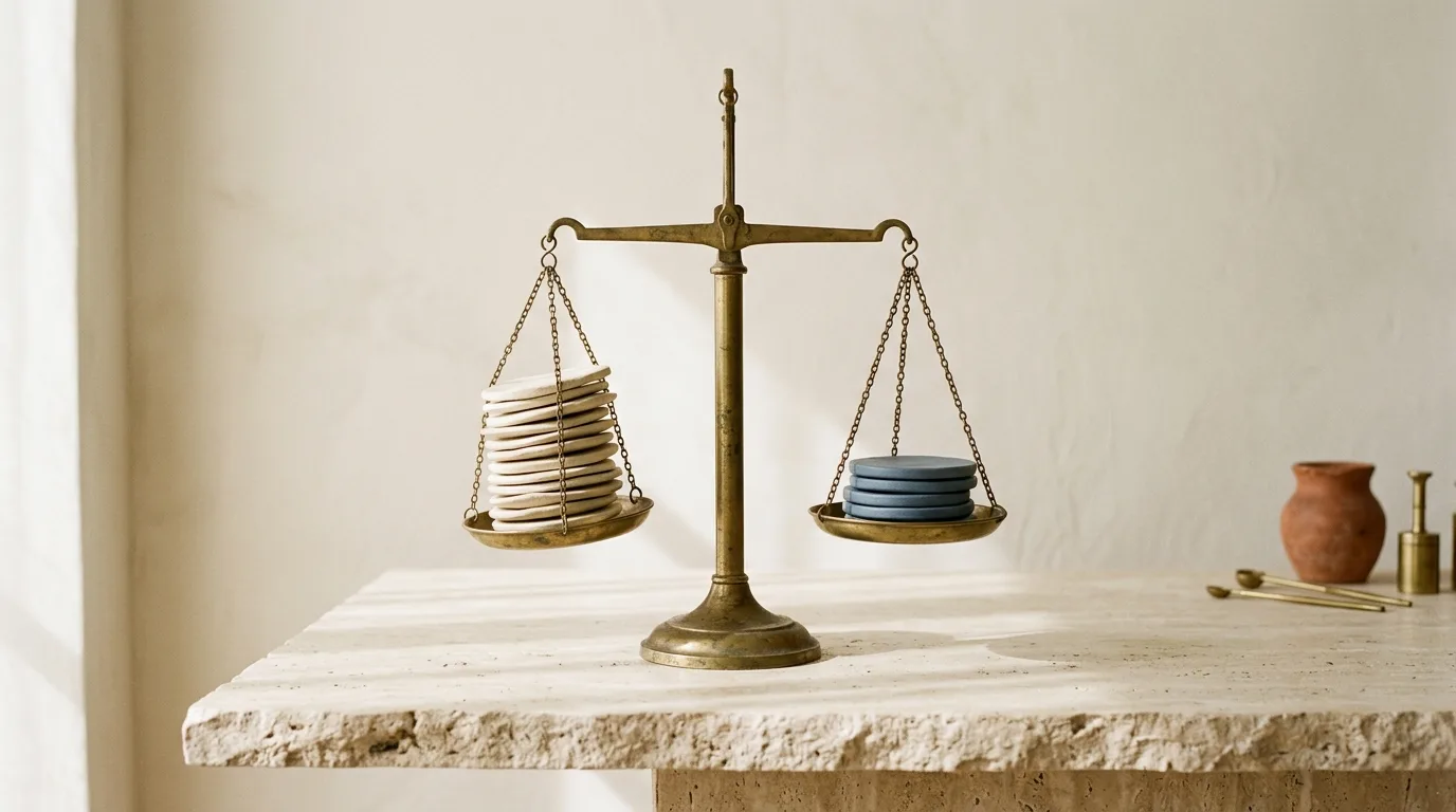 A brass balance scale with a tall precarious stack of pale discs on one pan and a short neat stack on the other