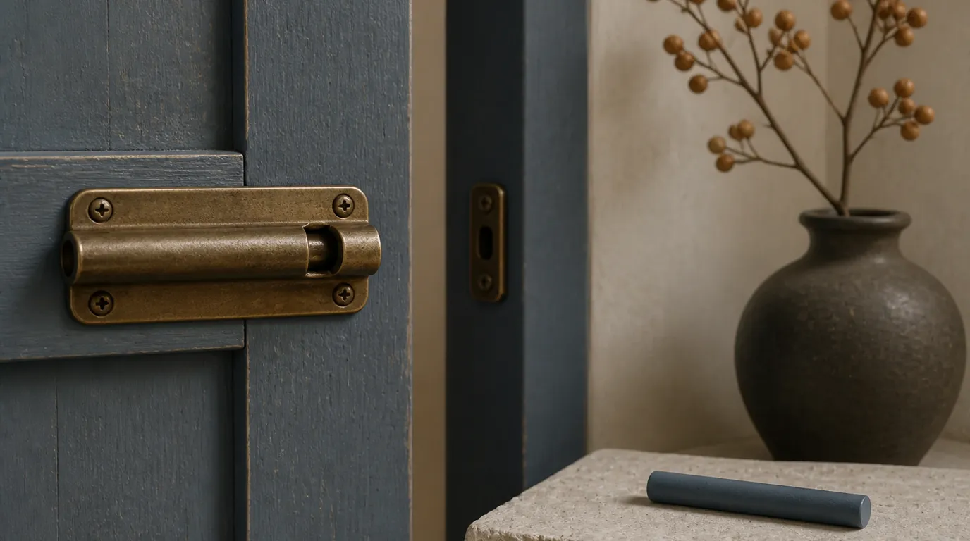 A brass slide bolt on a slate-blue gate has not caught; the unused bolt sits on a stone plinth