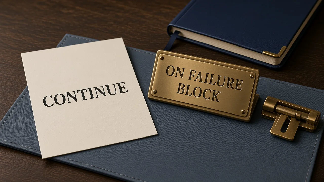 A cream card printed CONTINUE lies on a dark wooden desk beside a brass plate engraved ON FAILURE BLOCK, an open brass slide bolt, and a closed navy notebook