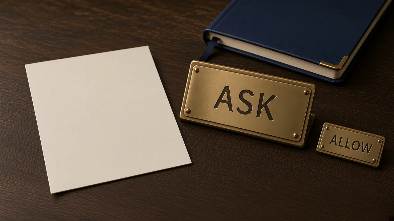 A large brass plate engraved ASK stands in the path on a dark wooden desk, a smaller brass plate engraved ALLOW set aside, a blank cream card, and a closed navy notebook