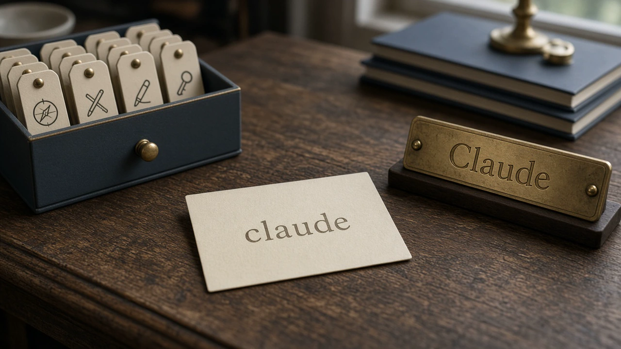 A cream card printed with lowercase claude lies on a dark wooden desk beside a brass nameplate embossed with capitalised Claude