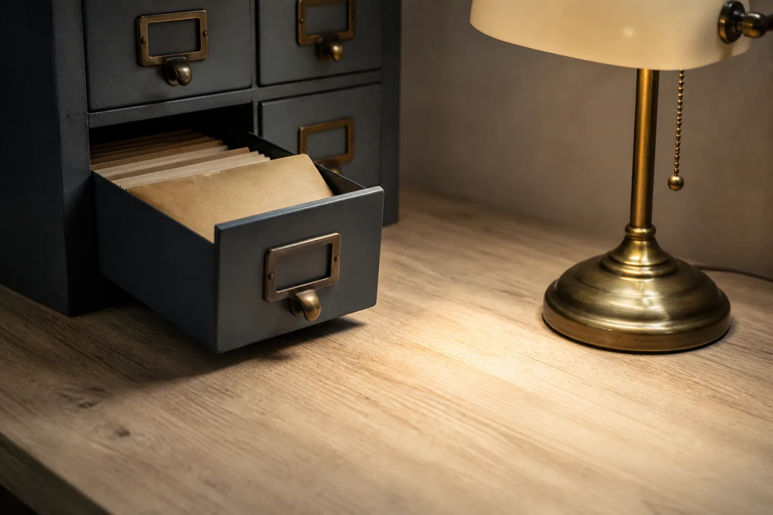 A slate-blue card drawer stands open with cream envelopes inside, while a brass desk lamp lights an empty patch of oak desk