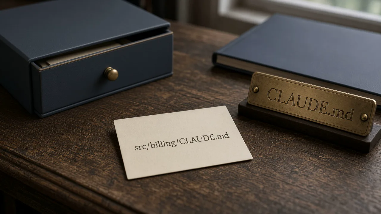 A cream card printed with src/billing/CLAUDE.md lies on a dark wooden desk beside a brass nameplate engraved CLAUDE.md, with a closed slate-blue drawer behind