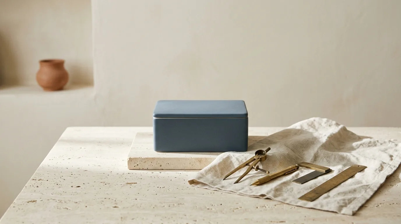 A closed slate-blue box on a travertine plinth, with its brass tools removed and left on linen beside it