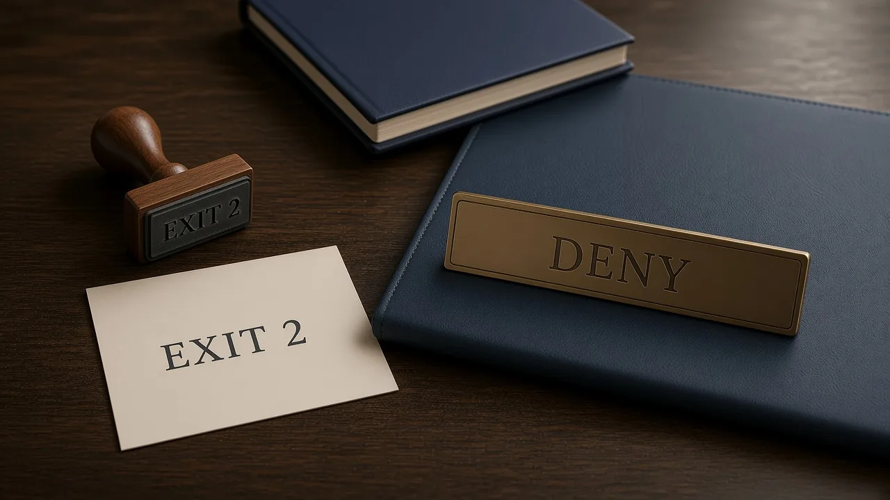 A cream card stamped EXIT 2 lies unused on a dark wooden desk beside a brass plate engraved DENY, with a navy notebook and a slate-blue desk pad