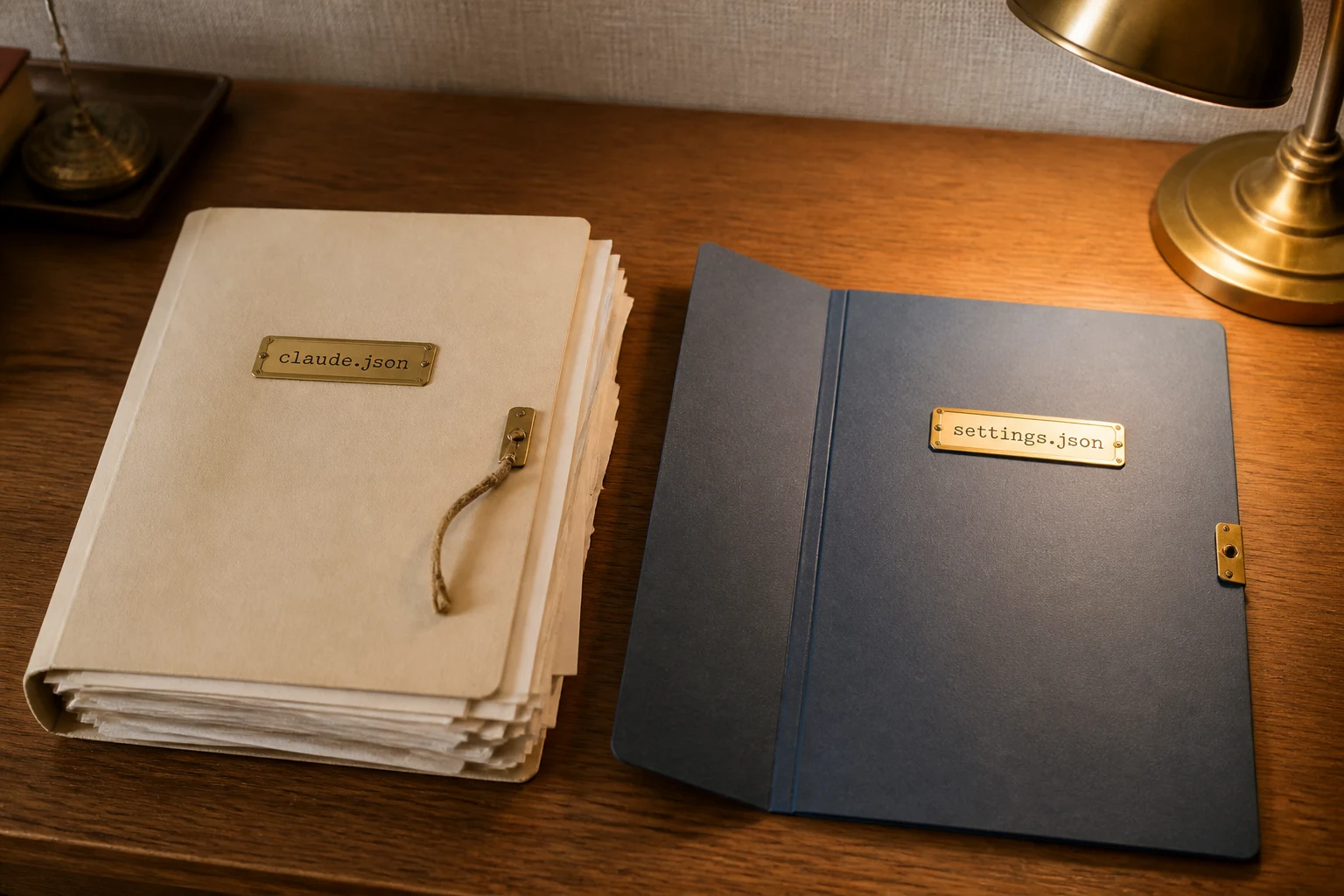 A thick cream claude.json dossier overflows with papers while a slim slate-blue settings.json folder sits empty under a brass lamp