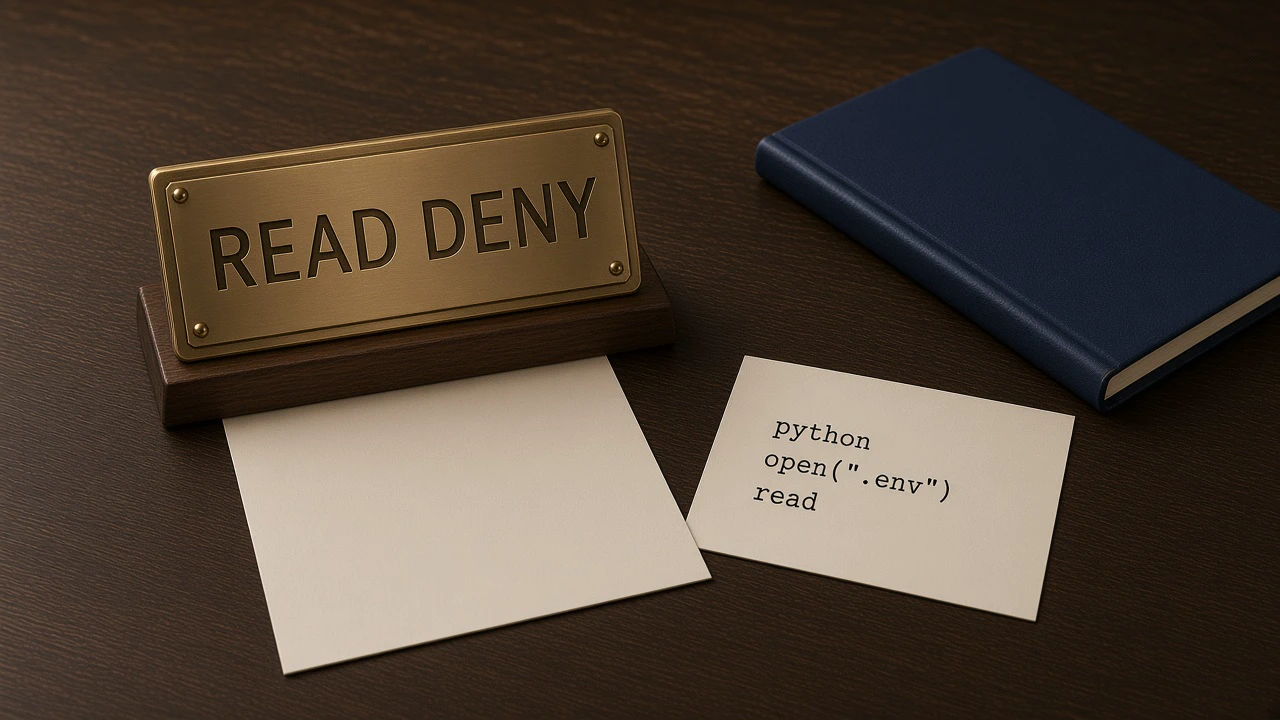 A brass plate engraved READ DENY stands on a dark wooden desk beside a cream card printed with a short Python open of .env, and a closed navy notebook