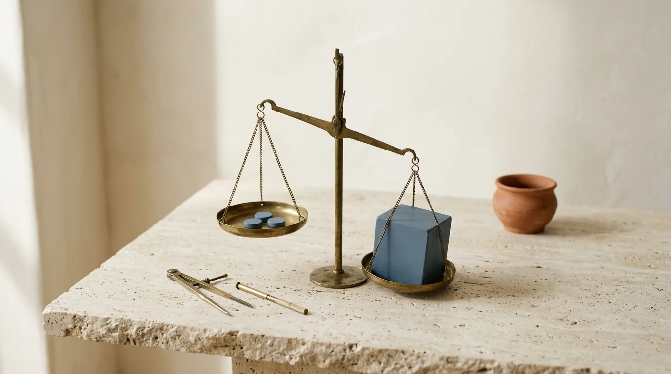 A brass balance scale with three tiny slate-blue tokens on one pan, dragged down by one oversized block on the other