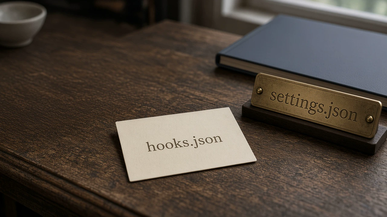 A cream card printed with hooks.json lies on a dark wooden desk beside a brass nameplate engraved settings.json