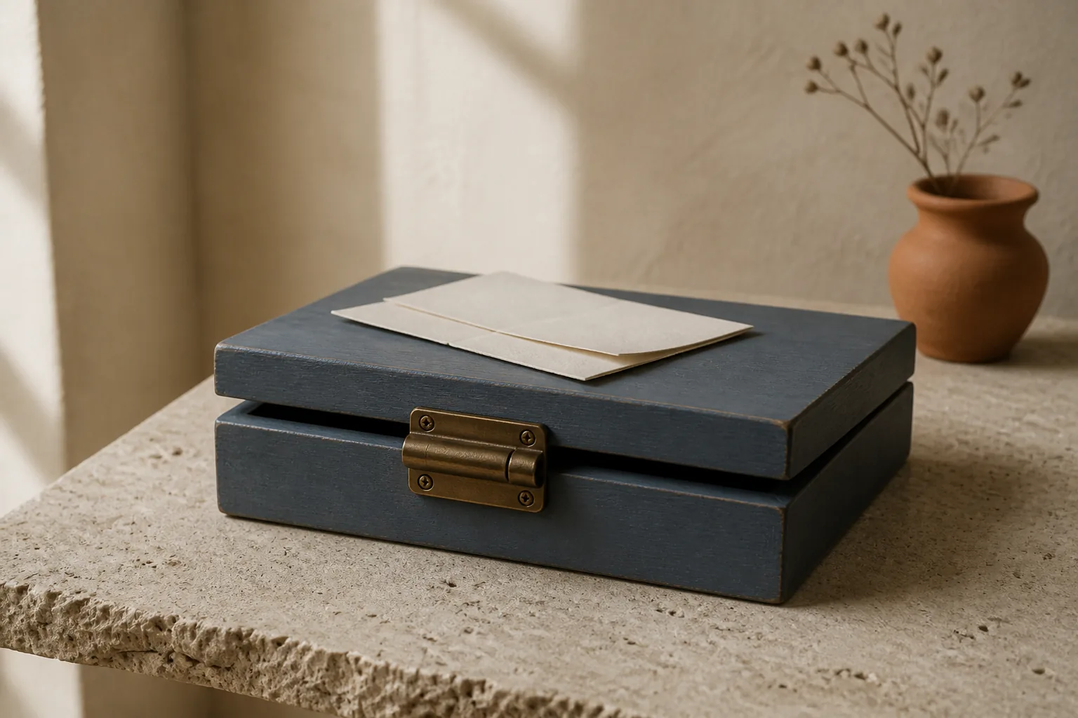 A cream folded note lies unused on the lid of a closed slate-blue writing box; the nested inner tray is empty