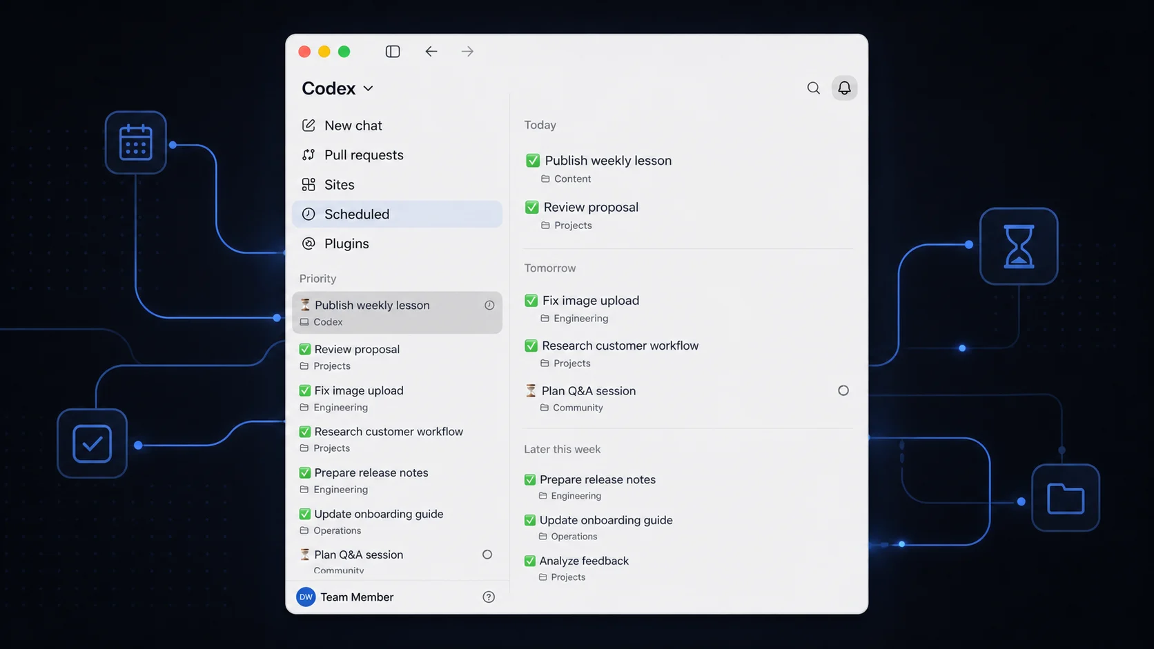 Privacy-safe recreation of the Codex desktop sidebar with completed tasks marked by green checks and ongoing tasks marked by hourglasses