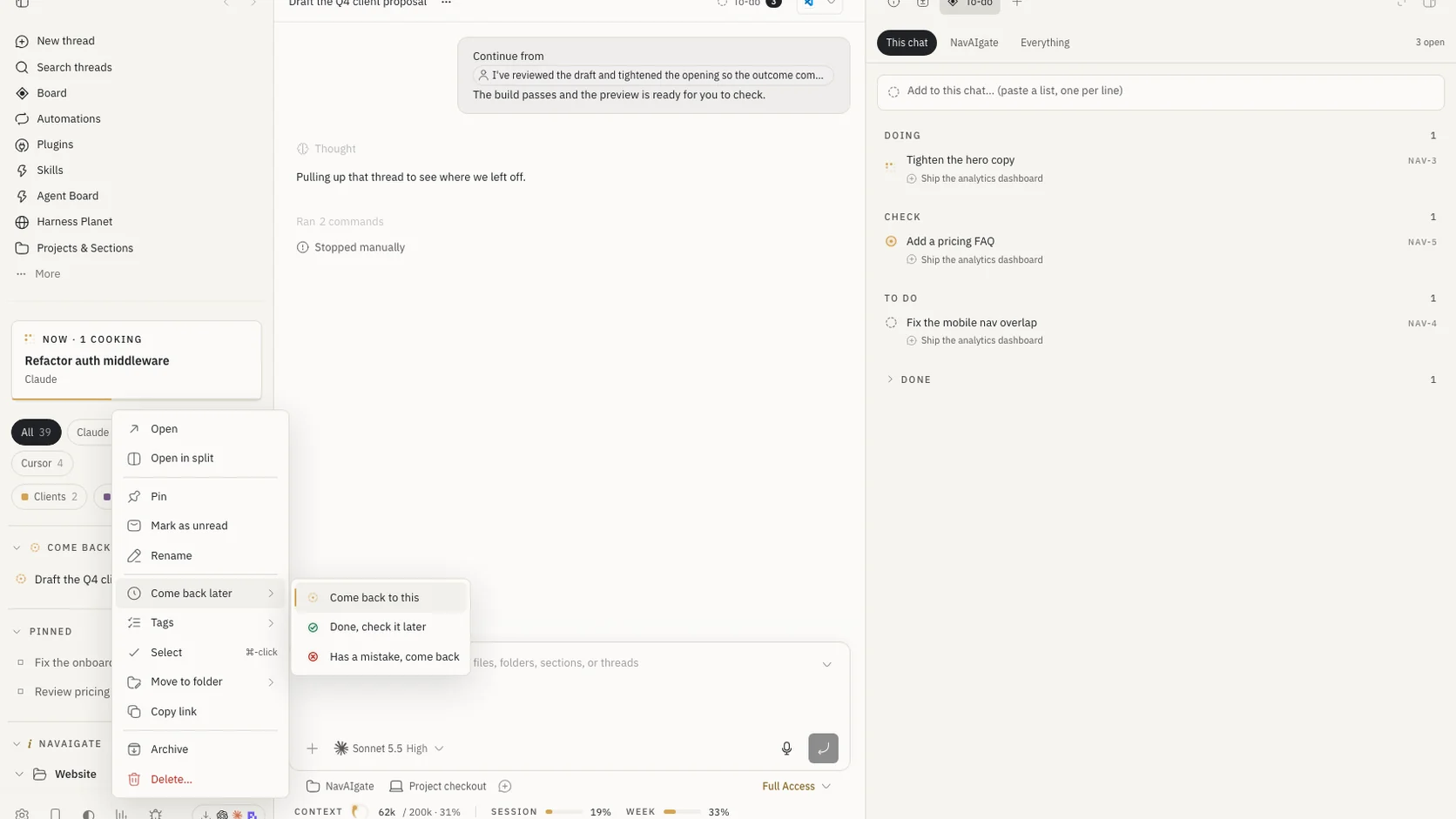 The right-click menu on a chat with the Come back later options open