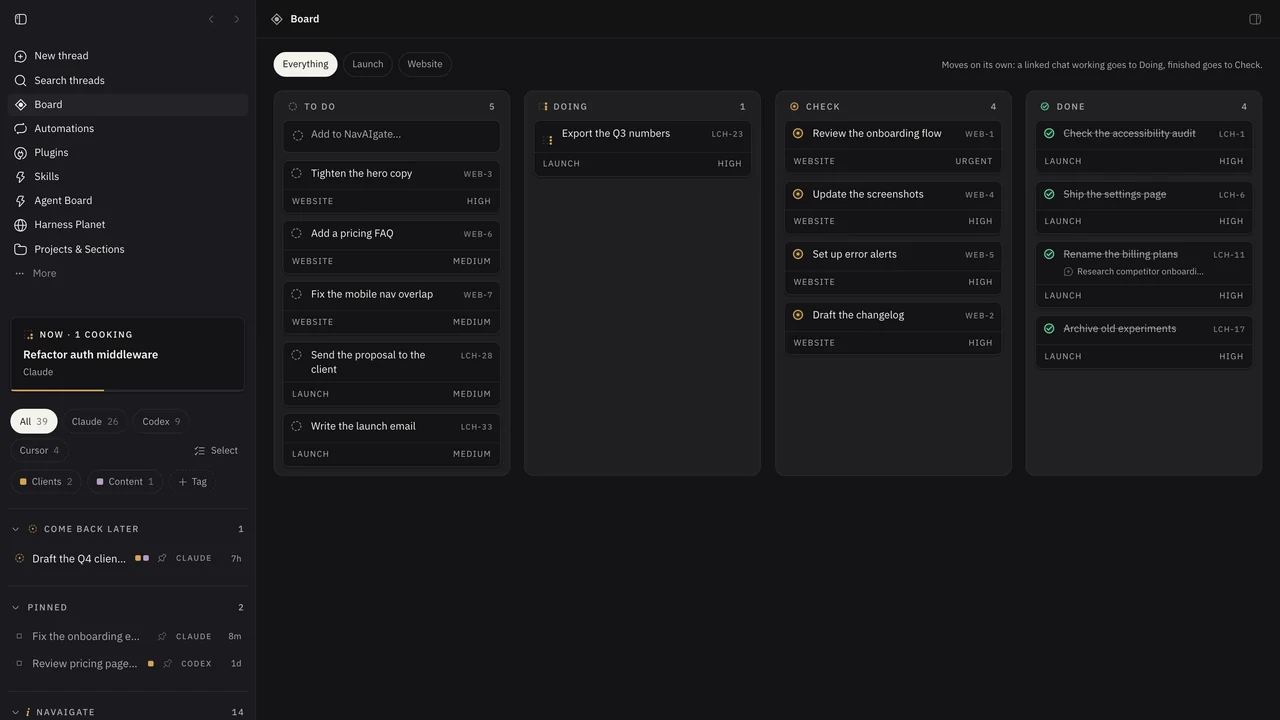 The NavAIgate Workspace Board in dark mode with To do, Doing, Check and Done columns, next to the run-sheet sidebar