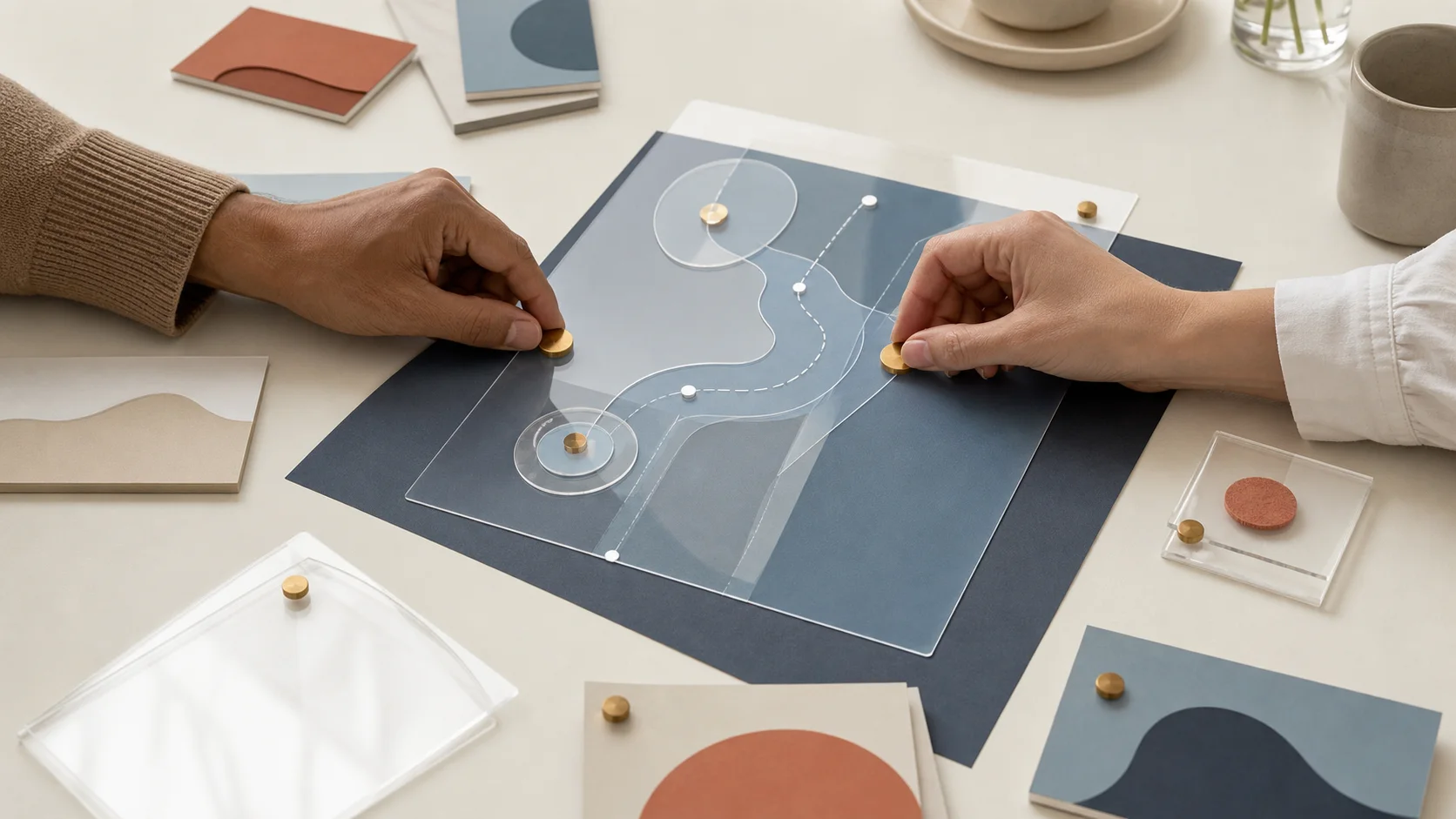 Two people aligning brass decision markers on a shared layered customer blueprint