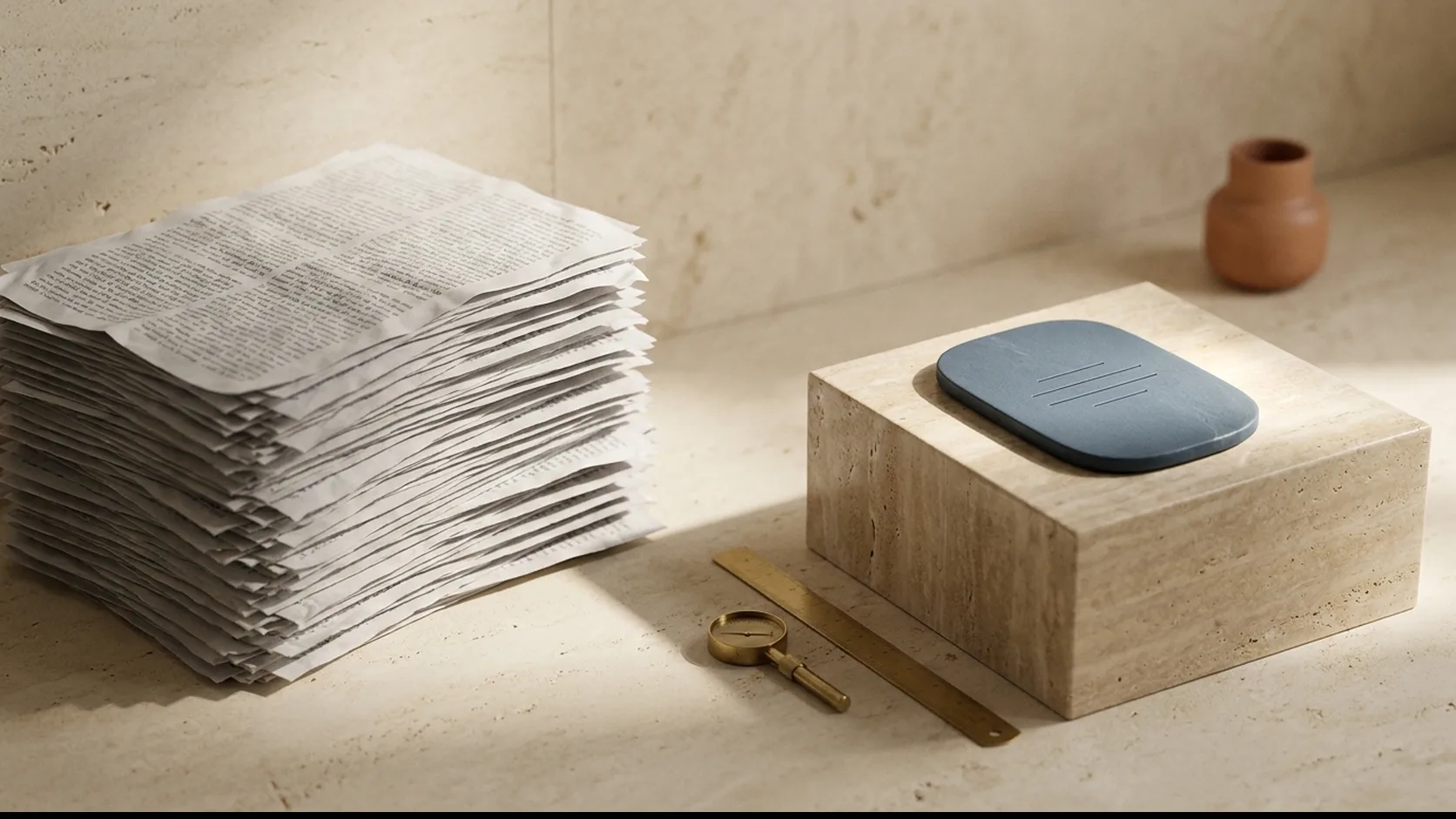 A toppling stack of dense printed pages beside a single slate-blue card with three short engraved lines